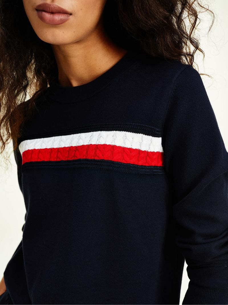 Női Tommy Hilfiger Organic Pamut Cable Stripe Pulóverek Sötétkék | HU 360JPQ